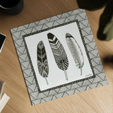 Geo Feathers Square I by Sara Zieve Miller. Shown as a detailed flat fine art print, highlighting archival giclee quality. Available as an archival giclee rolled canvas, fine art paper, or poster print. SKU 18707a.