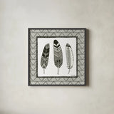 Geo Feathers Square I by Sara Zieve Miller. Shown in a sleek black glass frame for a contemporary gallery look. Available as an archival giclee rolled canvas, fine art paper, or poster print. SKU 18707a.