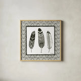 Geo Feathers Square I by Sara Zieve Miller. Shown in a natural wood glass frame for a timeless modern aesthetic. Available as an archival giclee rolled canvas, fine art paper, or poster print. SKU 18707a.