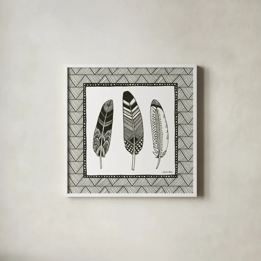 Geo Feathers Square I by Sara Zieve Miller. Shown in a crisp white glass frame for a clean and minimalist style. Available as an archival giclee rolled canvas, fine art paper, or poster print. SKU 18707a.