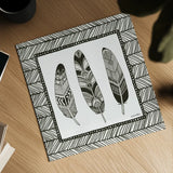 Geo Feathers Square II by Sara Zieve Miller. Shown as a detailed flat fine art print, highlighting archival giclee quality. Available as an archival giclee rolled canvas, fine art paper, or poster print. SKU 18247a.