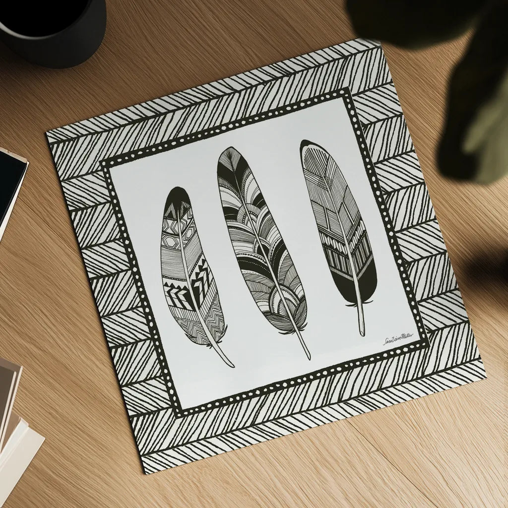 Geo Feathers Square II by Sara Zieve Miller. Shown as a detailed flat fine art print, highlighting archival giclee quality. Available as an archival giclee rolled canvas, fine art paper, or poster print. SKU 18247a.