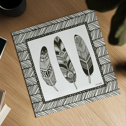 Geo Feathers Square II by Sara Zieve Miller. Shown as a detailed flat fine art print, highlighting archival giclee quality. Available as an archival giclee rolled canvas, fine art paper, or poster print. SKU 18247a.