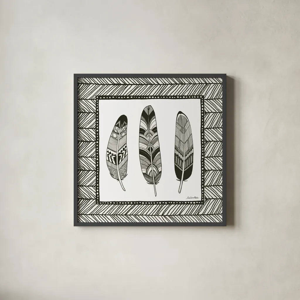 Geo Feathers Square II by Sara Zieve Miller. Shown in a sleek black glass frame for a contemporary gallery look. Available as an archival giclee rolled canvas, fine art paper, or poster print. SKU 18247a.
