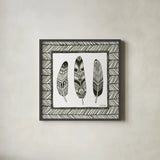 Geo Feathers Square II by Sara Zieve Miller. Shown in a sleek black glass frame for a contemporary gallery look. Available as an archival giclee rolled canvas, fine art paper, or poster print. SKU 18247a.