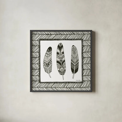 Geo Feathers Square II by Sara Zieve Miller. Shown in a sleek black glass frame for a contemporary gallery look. Available as an archival giclee rolled canvas, fine art paper, or poster print. SKU 18247a.