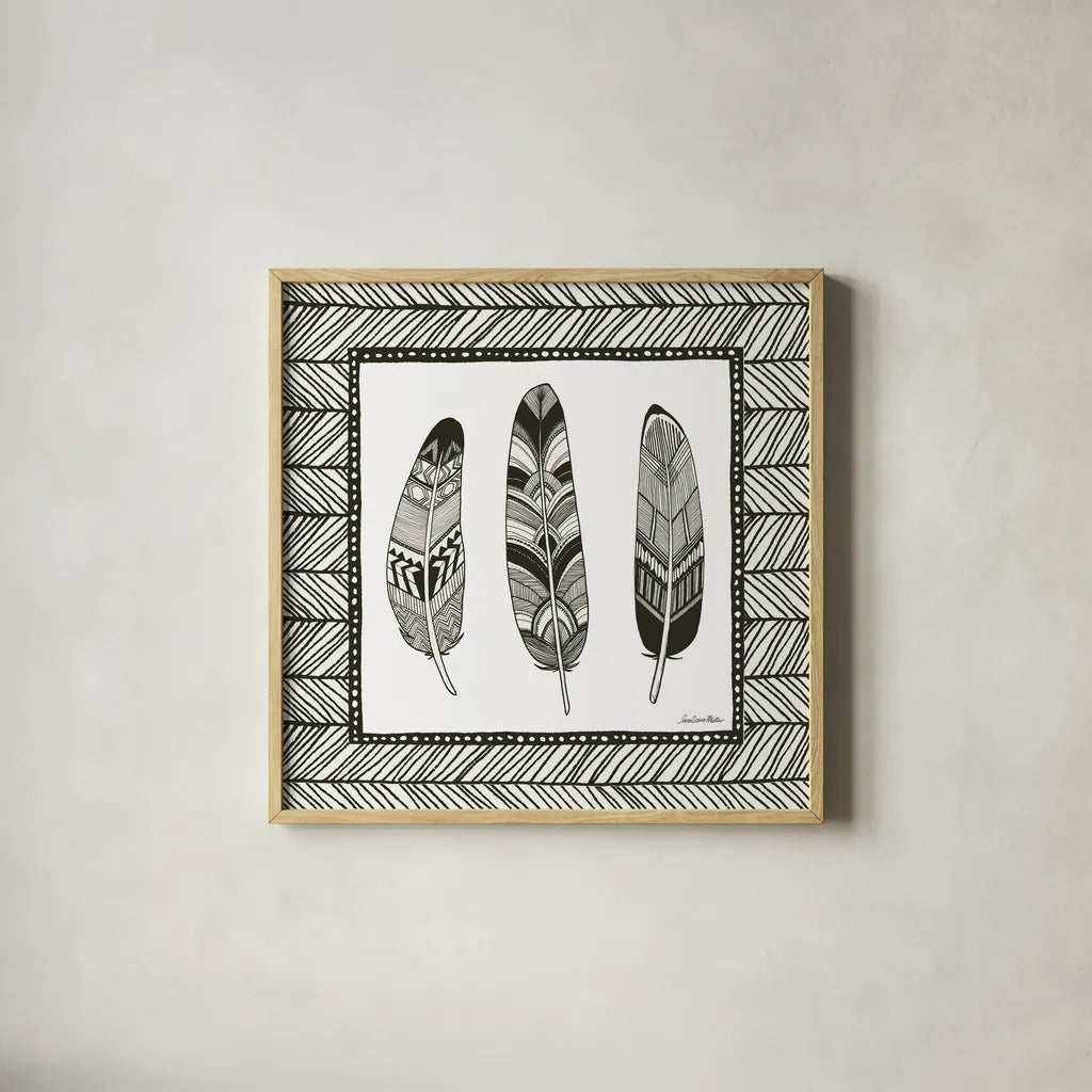 Geo Feathers Square II by Sara Zieve Miller. Shown in a natural wood glass frame for a timeless modern aesthetic. Available as an archival giclee rolled canvas, fine art paper, or poster print. SKU 18247a.