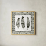 Geo Feathers Square II by Sara Zieve Miller. Shown in a natural wood glass frame for a timeless modern aesthetic. Available as an archival giclee rolled canvas, fine art paper, or poster print. SKU 18247a.