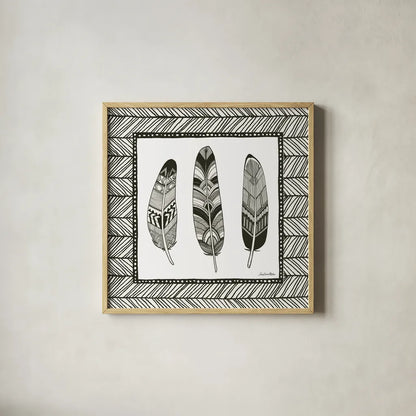 Geo Feathers Square II by Sara Zieve Miller. Shown in a natural wood glass frame for a timeless modern aesthetic. Available as an archival giclee rolled canvas, fine art paper, or poster print. SKU 18247a.