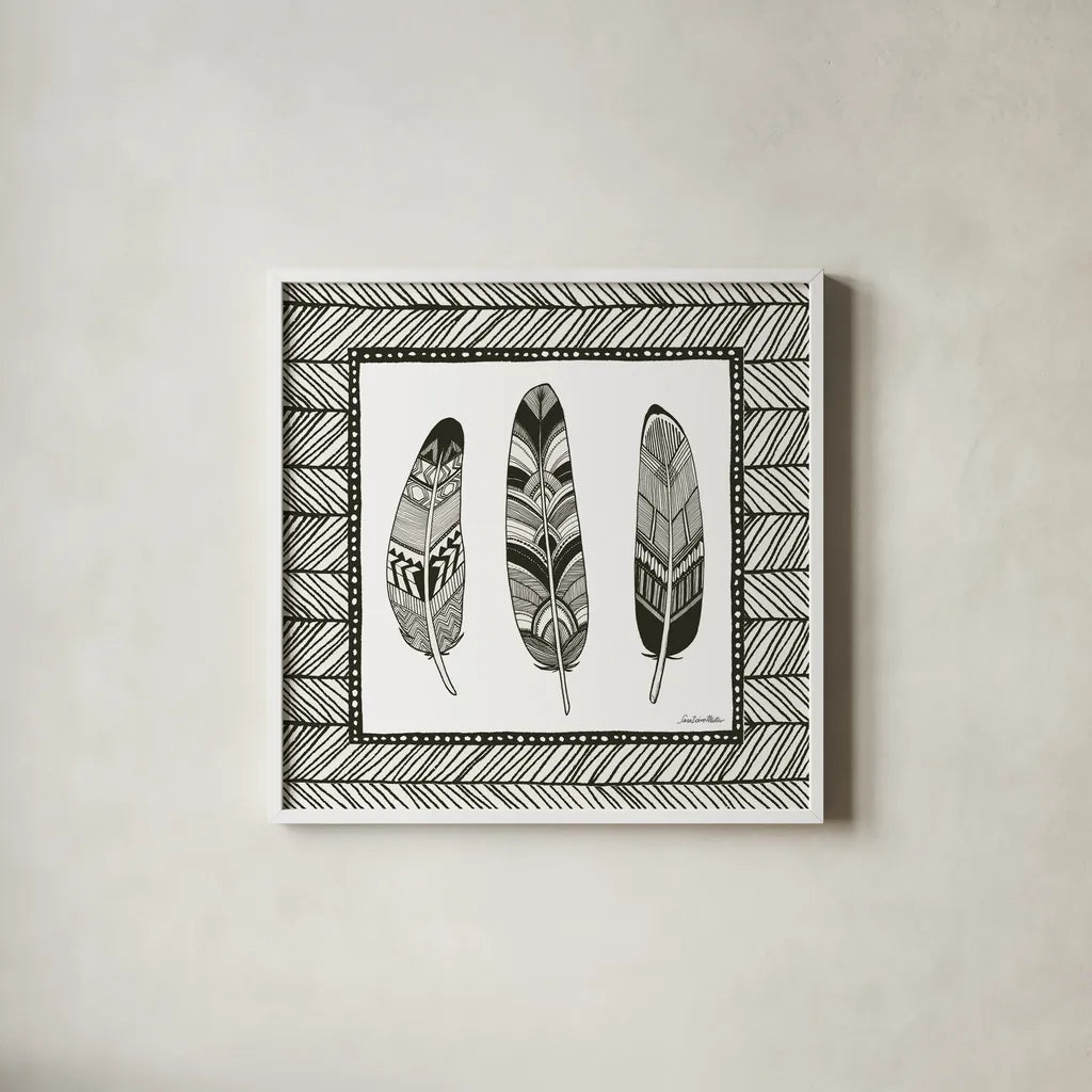 Geo Feathers Square II by Sara Zieve Miller. Shown in a crisp white glass frame for a clean and minimalist style. Available as an archival giclee rolled canvas, fine art paper, or poster print. SKU 18247a.