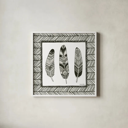 Geo Feathers Square II by Sara Zieve Miller. Shown in a crisp white glass frame for a clean and minimalist style. Available as an archival giclee rolled canvas, fine art paper, or poster print. SKU 18247a.