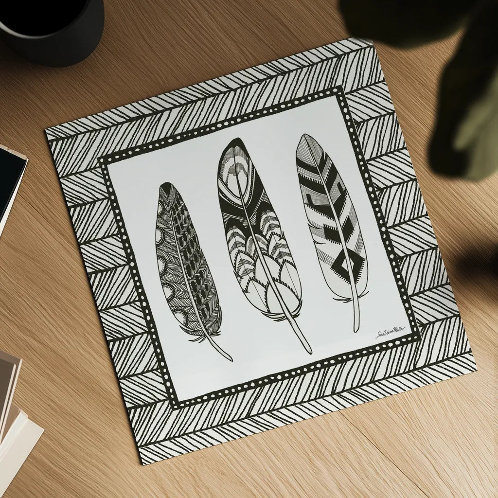 Geo Feathers Square III by Sara Zieve Miller. Shown as a detailed flat fine art print, highlighting archival giclee quality. Available as an archival giclee rolled canvas, fine art paper, or poster print. SKU 18248a.