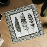 Geo Feathers Square III by Sara Zieve Miller. Shown as a detailed flat fine art print, highlighting archival giclee quality. Available as an archival giclee rolled canvas, fine art paper, or poster print. SKU 18248a.