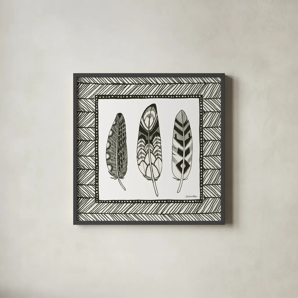 Geo Feathers Square III by Sara Zieve Miller. Shown in a sleek black glass frame for a contemporary gallery look. Available as an archival giclee rolled canvas, fine art paper, or poster print. SKU 18248a.