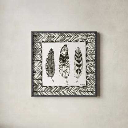 Geo Feathers Square III by Sara Zieve Miller. Shown in a sleek black glass frame for a contemporary gallery look. Available as an archival giclee rolled canvas, fine art paper, or poster print. SKU 18248a.