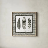 Geo Feathers Square III by Sara Zieve Miller. Shown in a natural wood glass frame for a timeless modern aesthetic. Available as an archival giclee rolled canvas, fine art paper, or poster print. SKU 18248a.