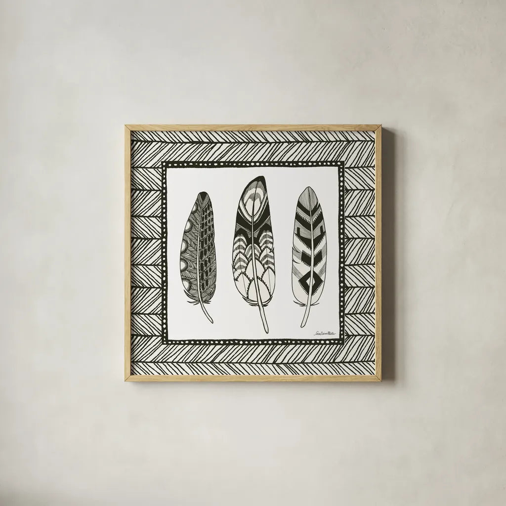 Geo Feathers Square III by Sara Zieve Miller. Shown in a natural wood glass frame for a timeless modern aesthetic. Available as an archival giclee rolled canvas, fine art paper, or poster print. SKU 18248a.