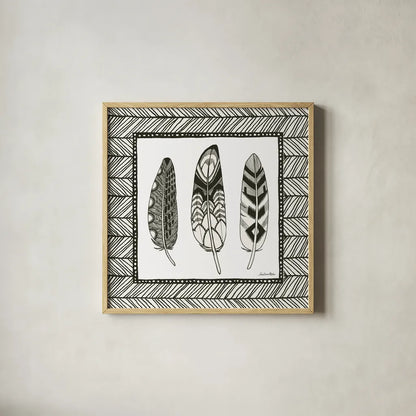 Geo Feathers Square III by Sara Zieve Miller. Shown in a natural wood glass frame for a timeless modern aesthetic. Available as an archival giclee rolled canvas, fine art paper, or poster print. SKU 18248a.
