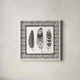 Geo Feathers Square III by Sara Zieve Miller. Shown in a crisp white glass frame for a clean and minimalist style. Available as an archival giclee rolled canvas, fine art paper, or poster print. SKU 18248a.