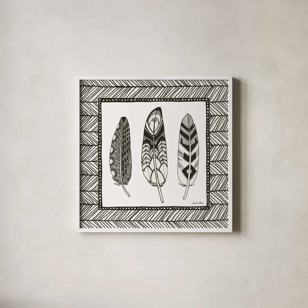 Geo Feathers Square III by Sara Zieve Miller. Shown in a crisp white glass frame for a clean and minimalist style. Available as an archival giclee rolled canvas, fine art paper, or poster print. SKU 18248a.