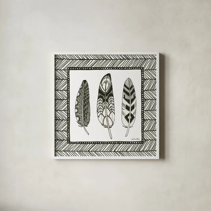 Geo Feathers Square III by Sara Zieve Miller. Shown in a crisp white glass frame for a clean and minimalist style. Available as an archival giclee rolled canvas, fine art paper, or poster print. SKU 18248a.