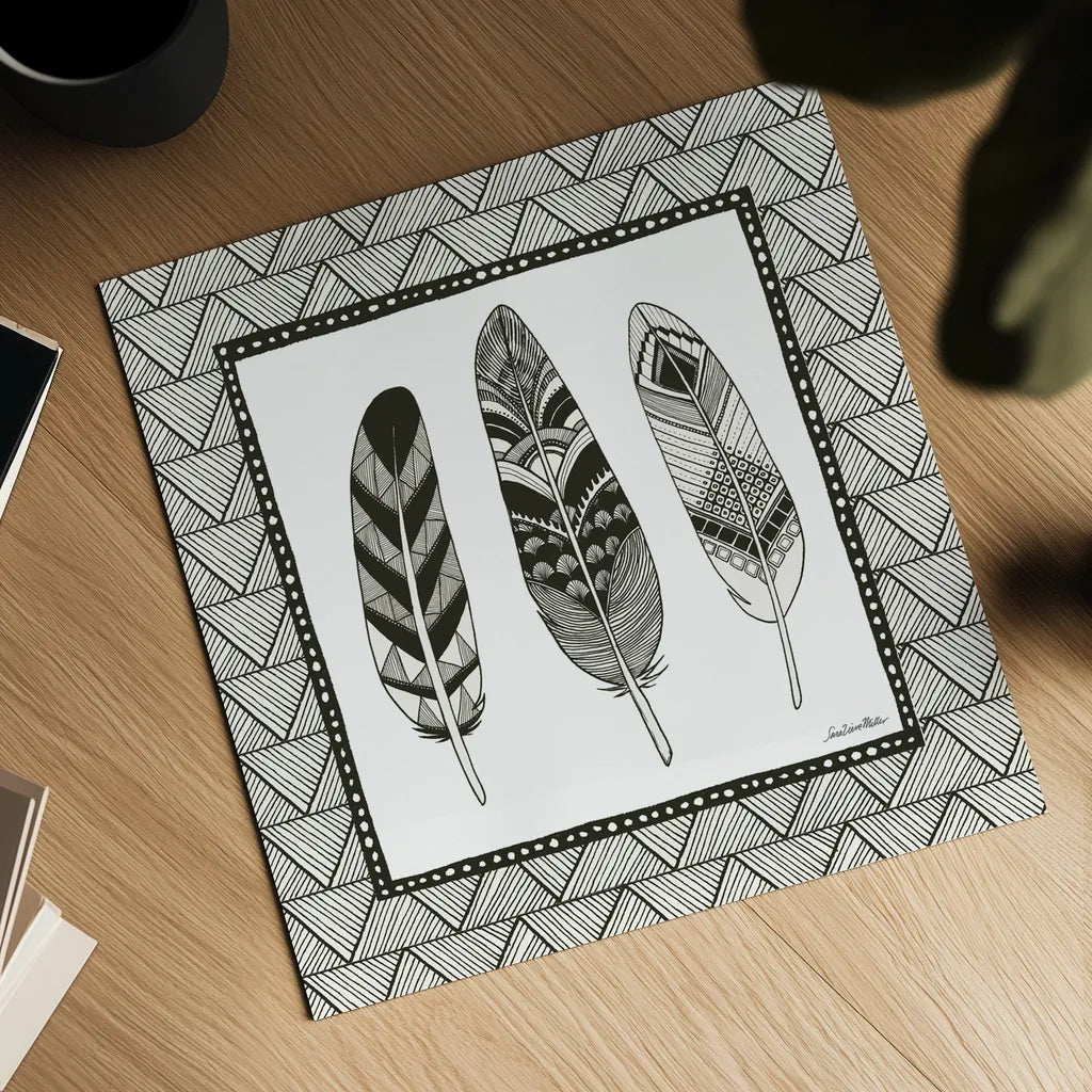 Geo Feathers Square IV by Sara Zieve Miller. Shown as a detailed flat fine art print, highlighting archival giclee quality. Available as an archival giclee rolled canvas, fine art paper, or poster print. SKU 18708a.