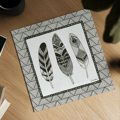 Geo Feathers Square IV by Sara Zieve Miller. Shown as a detailed flat fine art print, highlighting archival giclee quality. Available as an archival giclee rolled canvas, fine art paper, or poster print. SKU 18708a.