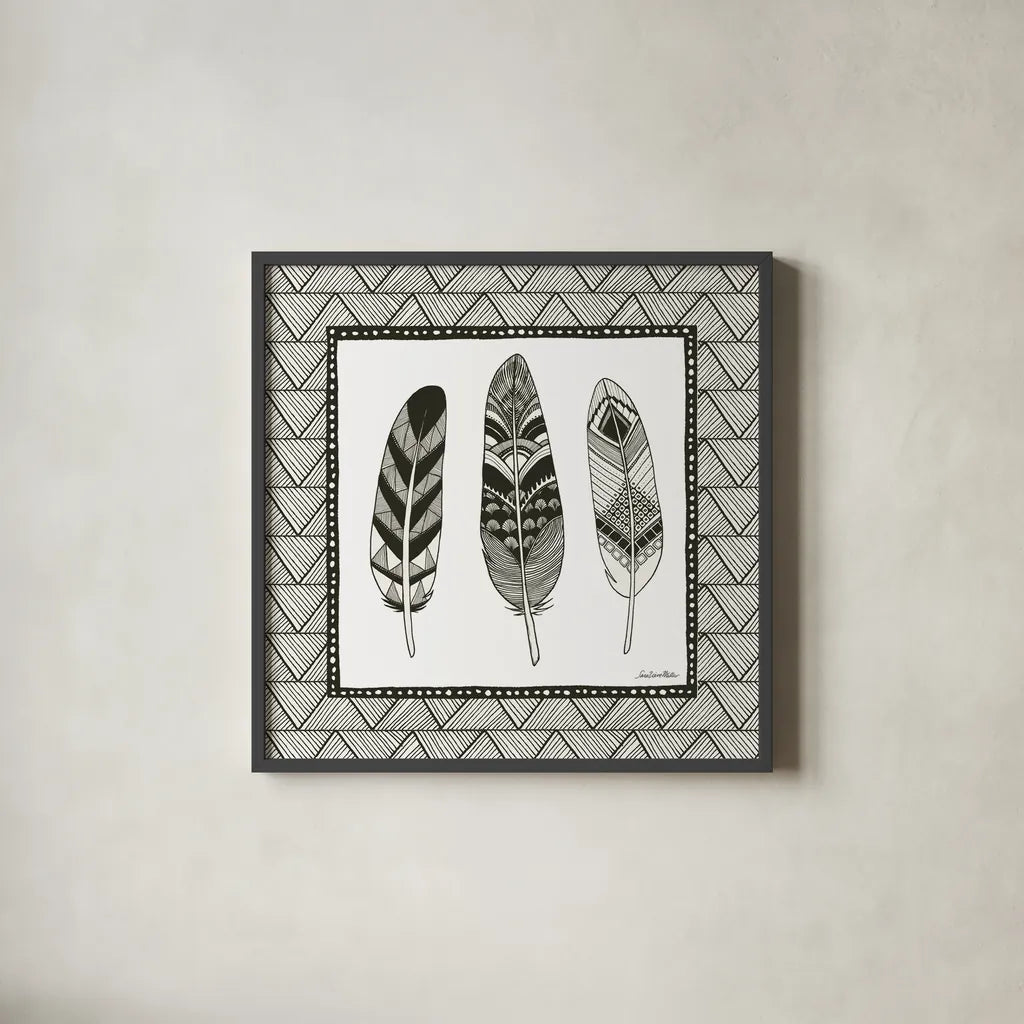 Geo Feathers Square IV by Sara Zieve Miller. Shown in a sleek black glass frame for a contemporary gallery look. Available as an archival giclee rolled canvas, fine art paper, or poster print. SKU 18708a.