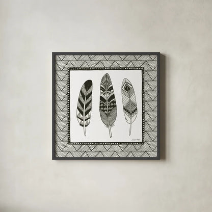Geo Feathers Square IV by Sara Zieve Miller. Shown in a sleek black glass frame for a contemporary gallery look. Available as an archival giclee rolled canvas, fine art paper, or poster print. SKU 18708a.