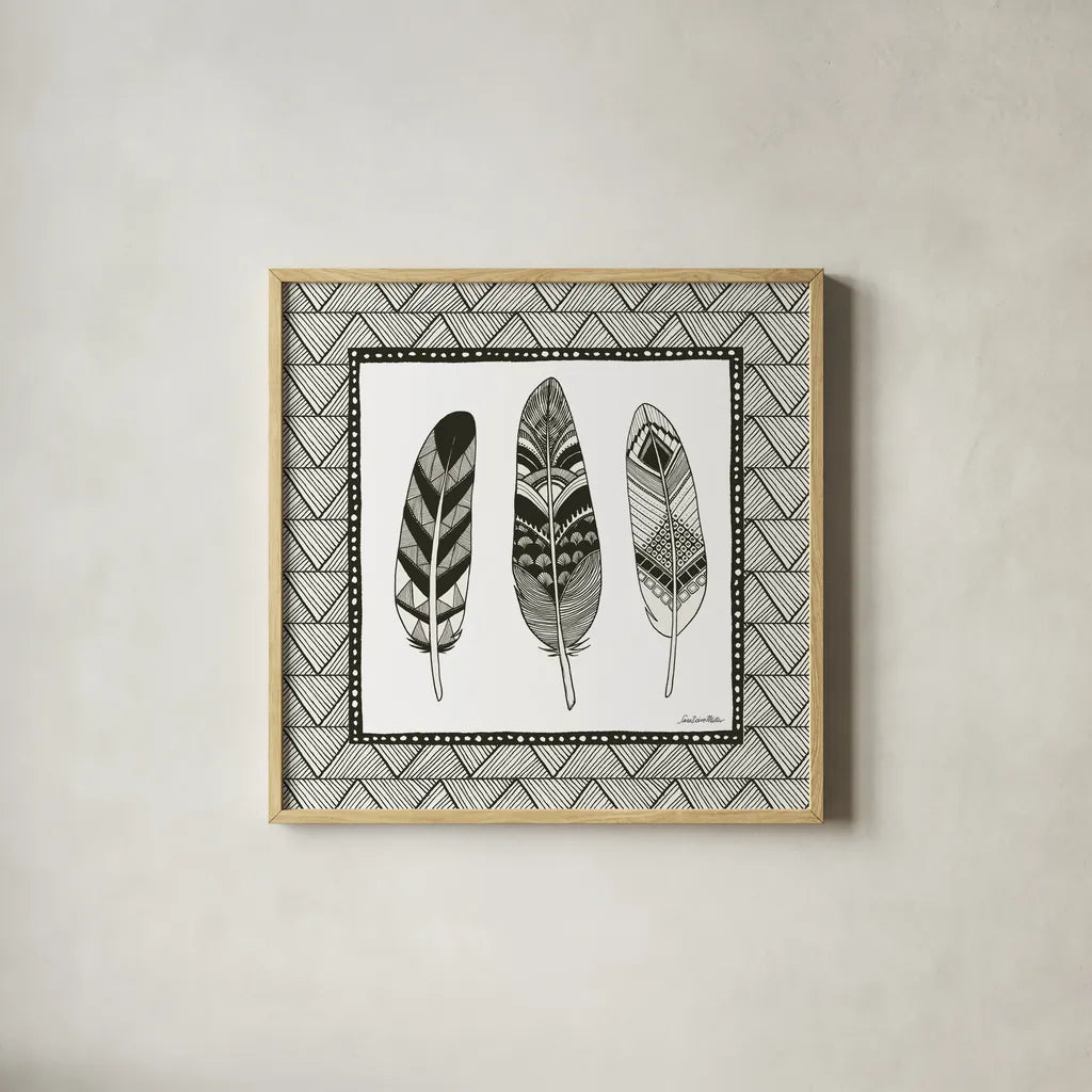 Geo Feathers Square IV by Sara Zieve Miller. Shown in a natural wood glass frame for a timeless modern aesthetic. Available as an archival giclee rolled canvas, fine art paper, or poster print. SKU 18708a.