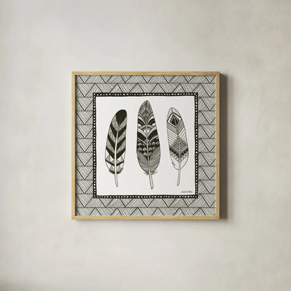 Geo Feathers Square IV by Sara Zieve Miller. Shown in a natural wood glass frame for a timeless modern aesthetic. Available as an archival giclee rolled canvas, fine art paper, or poster print. SKU 18708a.