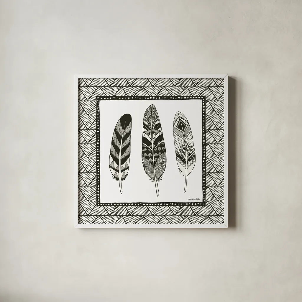 Geo Feathers Square IV by Sara Zieve Miller. Shown in a crisp white glass frame for a clean and minimalist style. Available as an archival giclee rolled canvas, fine art paper, or poster print. SKU 18708a.