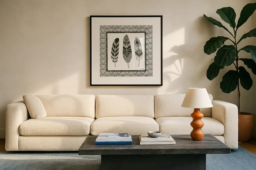 Geo Feathers Square IV by Sara Zieve Miller. Displayed in a glass frame with matte in a clean modern living room. Available as an archival giclee rolled canvas, fine art paper, or poster print. SKU 18708a.