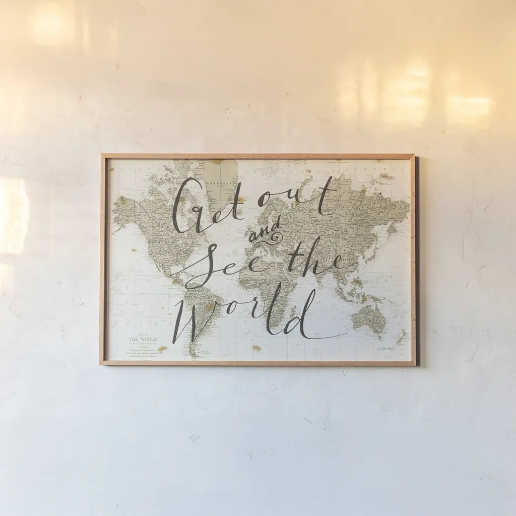 Get Out and See the World by Sara Zieve Miller. shown as a paper print in a natural frame. Available as a archival giclee rolled canvas, fine art paper, or poster print. SKU 16778i.