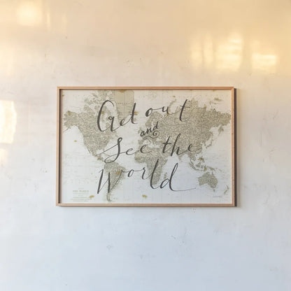 Get Out and See the World by Sara Zieve Miller. shown as a paper print in a natural frame. Available as a archival giclee rolled canvas, fine art paper, or poster print. SKU 16778i.