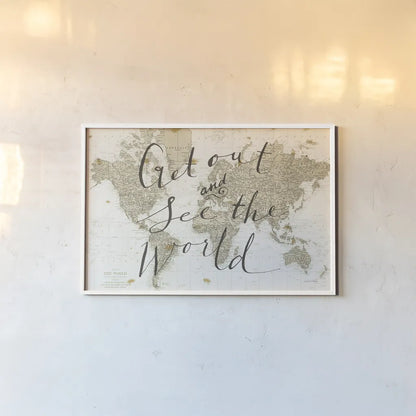 Get Out and See the World by Sara Zieve Miller. shown as a paper print in a white frame. Available as a archival giclee rolled canvas, fine art paper, or poster print. SKU 16778i.