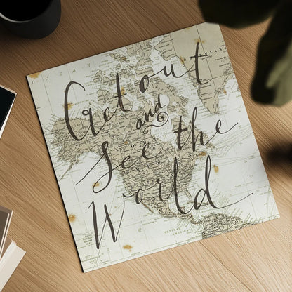 Get Out and See the World Square by Sara Zieve Miller. Shown as a detailed flat fine art print, highlighting archival giclee quality. Available as an archival giclee rolled canvas, fine art paper, or poster print. SKU 17032a.