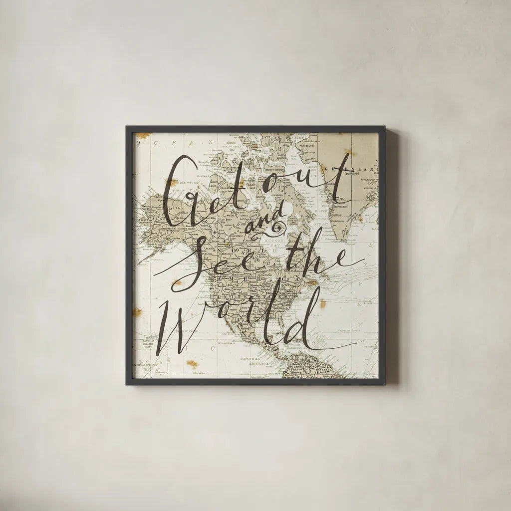 Get Out and See the World Square by Sara Zieve Miller. Shown in a sleek black glass frame for a contemporary gallery look. Available as an archival giclee rolled canvas, fine art paper, or poster print. SKU 17032a.