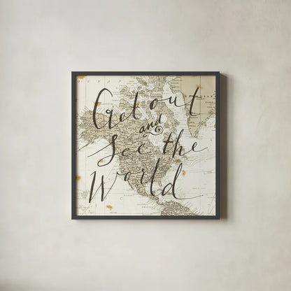Get Out and See the World Square by Sara Zieve Miller. Shown in a sleek black glass frame for a contemporary gallery look. Available as an archival giclee rolled canvas, fine art paper, or poster print. SKU 17032a.