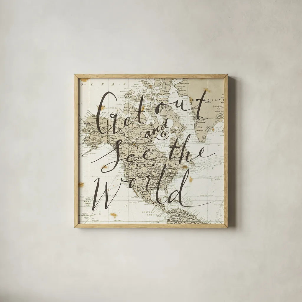 Get Out and See the World Square by Sara Zieve Miller. Shown in a natural wood glass frame for a timeless modern aesthetic. Available as an archival giclee rolled canvas, fine art paper, or poster print. SKU 17032a.