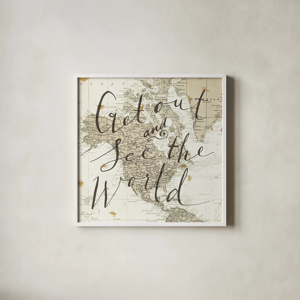 Get Out and See the World Square by Sara Zieve Miller. Shown in a crisp white glass frame for a clean and minimalist style. Available as an archival giclee rolled canvas, fine art paper, or poster print. SKU 17032a.