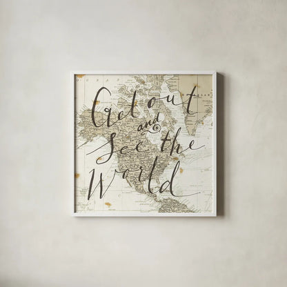 Get Out and See the World Square by Sara Zieve Miller. Shown in a crisp white glass frame for a clean and minimalist style. Available as an archival giclee rolled canvas, fine art paper, or poster print. SKU 17032a.
