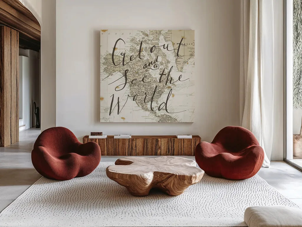 Get Out and See the World Square by Sara Zieve Miller. Shown as extra-large giant wall art in a modern living room. Available as an archival giclee rolled canvas, fine art paper, or poster print. SKU 17032a.