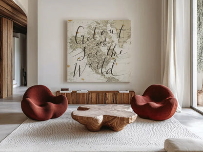 Get Out and See the World Square by Sara Zieve Miller. Shown as extra-large giant wall art in a modern living room. Available as an archival giclee rolled canvas, fine art paper, or poster print. SKU 17032a.