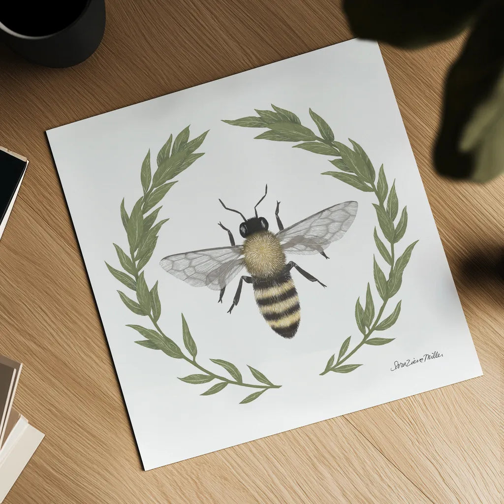 Happy to Bee Home I by Sara Zieve Miller. Shown as a detailed flat fine art print, highlighting archival giclee quality. Available as an archival giclee rolled canvas, fine art paper, or poster print. SKU 33590a.
