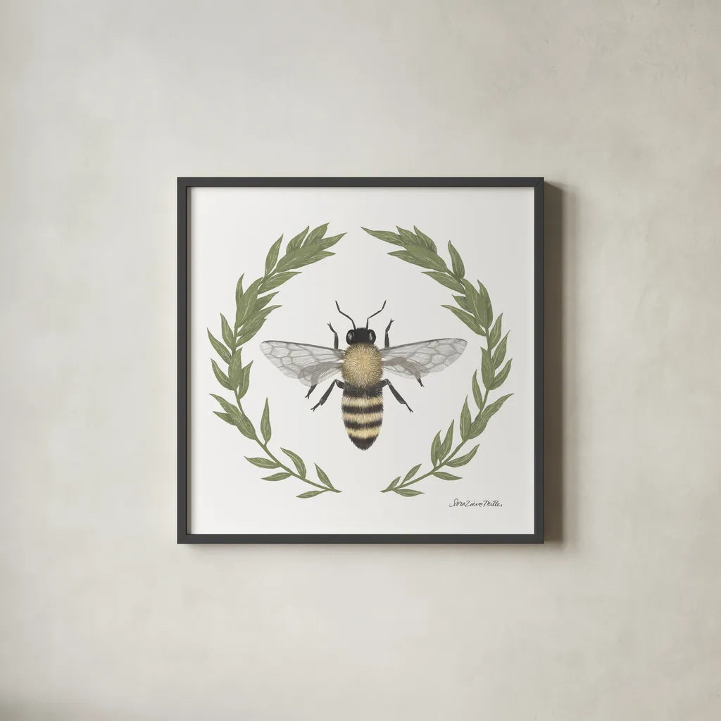 Happy to Bee Home I by Sara Zieve Miller. Shown in a sleek black glass frame for a contemporary gallery look. Available as an archival giclee rolled canvas, fine art paper, or poster print. SKU 33590a.
