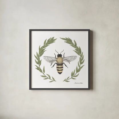 Happy to Bee Home I by Sara Zieve Miller. Shown in a sleek black glass frame for a contemporary gallery look. Available as an archival giclee rolled canvas, fine art paper, or poster print. SKU 33590a.