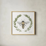 Happy to Bee Home I by Sara Zieve Miller. Shown in a natural wood glass frame for a timeless modern aesthetic. Available as an archival giclee rolled canvas, fine art paper, or poster print. SKU 33590a.