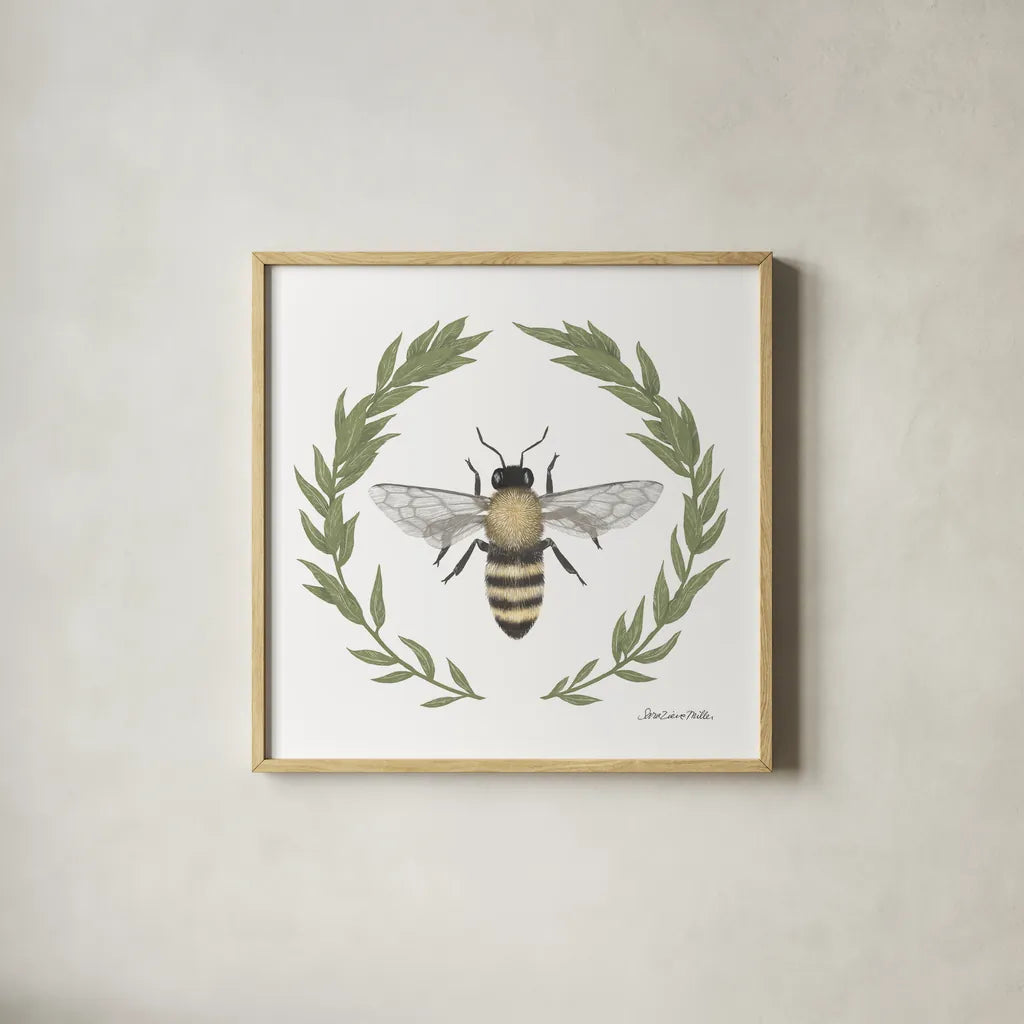 Happy to Bee Home I by Sara Zieve Miller. Shown in a natural wood glass frame for a timeless modern aesthetic. Available as an archival giclee rolled canvas, fine art paper, or poster print. SKU 33590a.