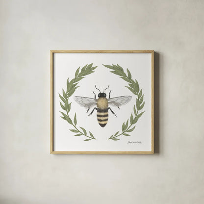 Happy to Bee Home I by Sara Zieve Miller. Shown in a natural wood glass frame for a timeless modern aesthetic. Available as an archival giclee rolled canvas, fine art paper, or poster print. SKU 33590a.